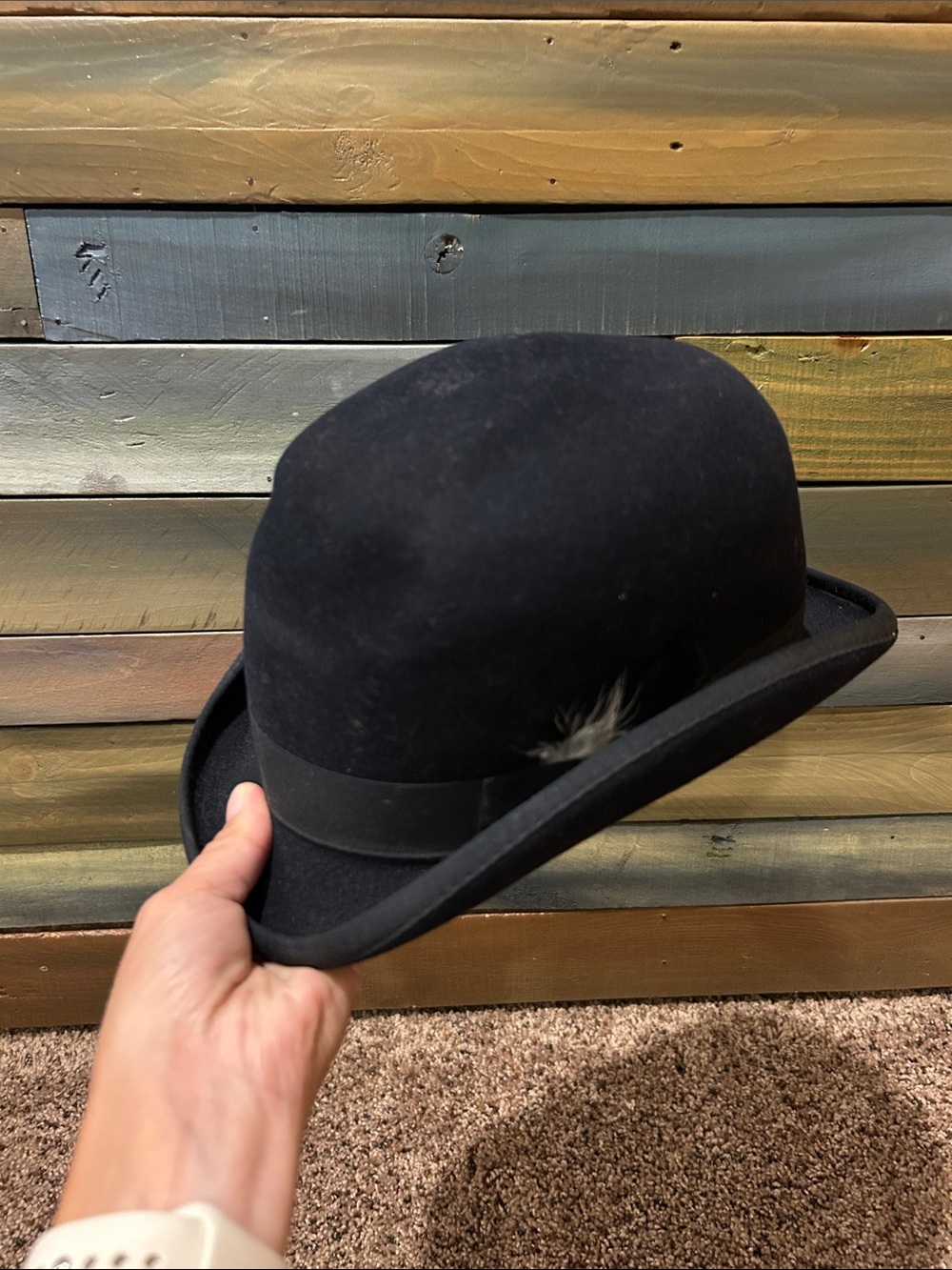 Classic Vintage Black Fur Felt Bowler Hat with Ribbon Trim